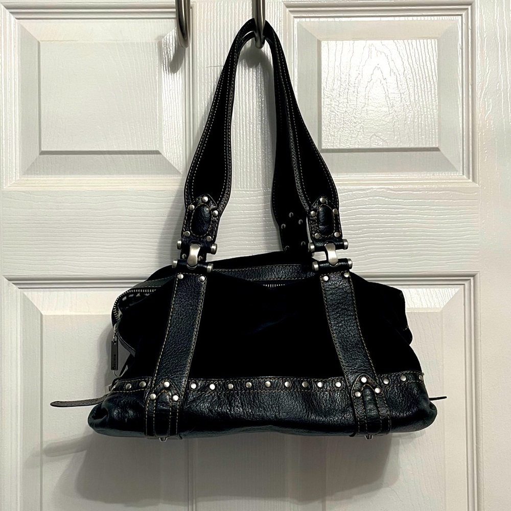 Maxximum Suede black two handle handbag Leopard print interior